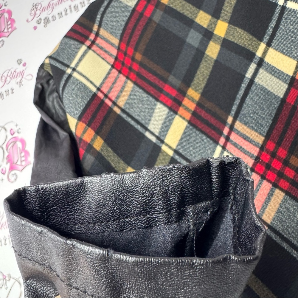 Cartise jacket coat zip up plaid black faux leather sleeves zipper gold hardware - Picture 6 of 9